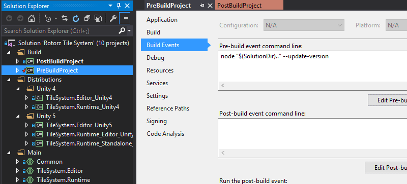 Screenshot of PreBuildProject with pre-build events