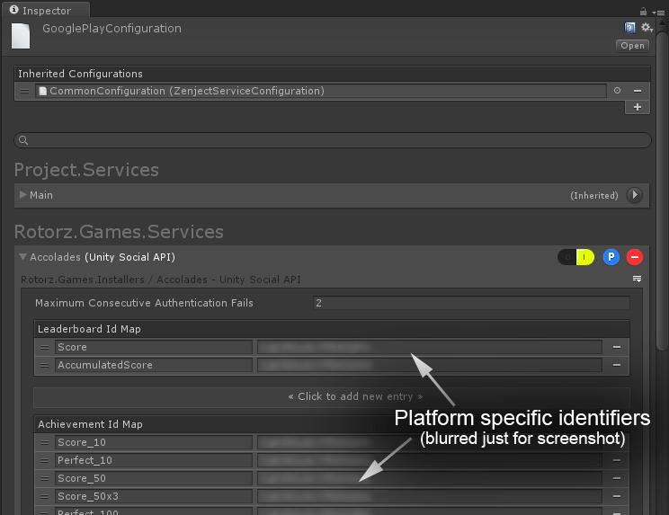 Screenshot of platform specific configuration